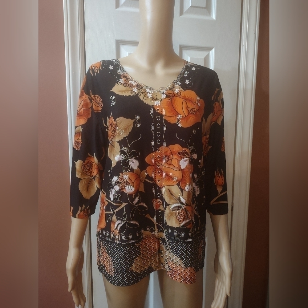 T-c fashion women's size large black and orange glitter floral blouse shirt top